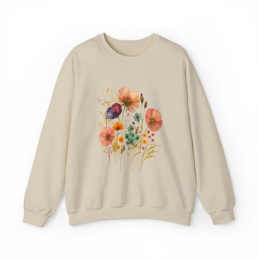 Vintage Boho Pressed Watercolor Wildflower Sweatshirt — Rustic Floral Cottagecore Pullover