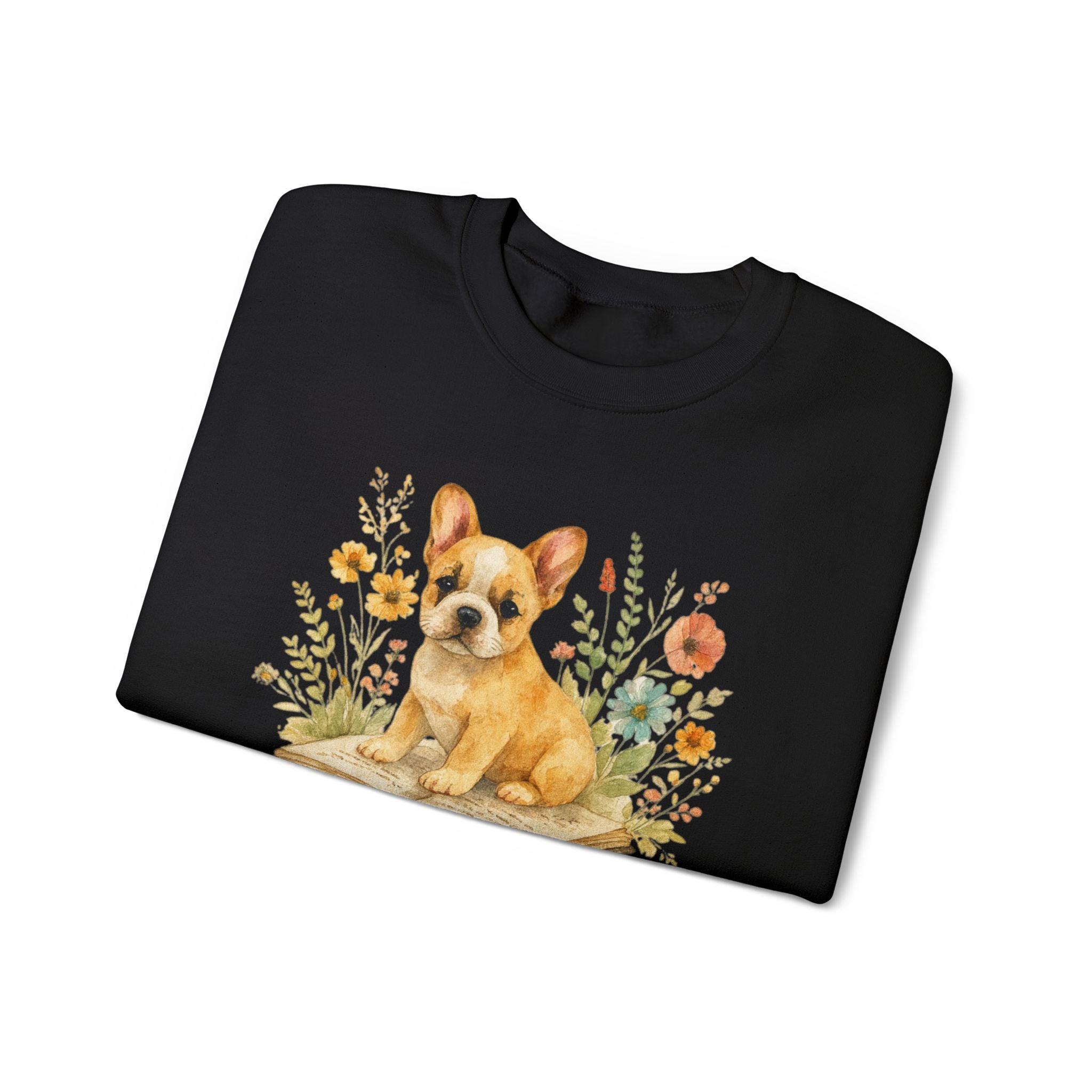 Vintage Boho French Bulldog Puppy Reading Sweatshirt by PopCultureByDesign36