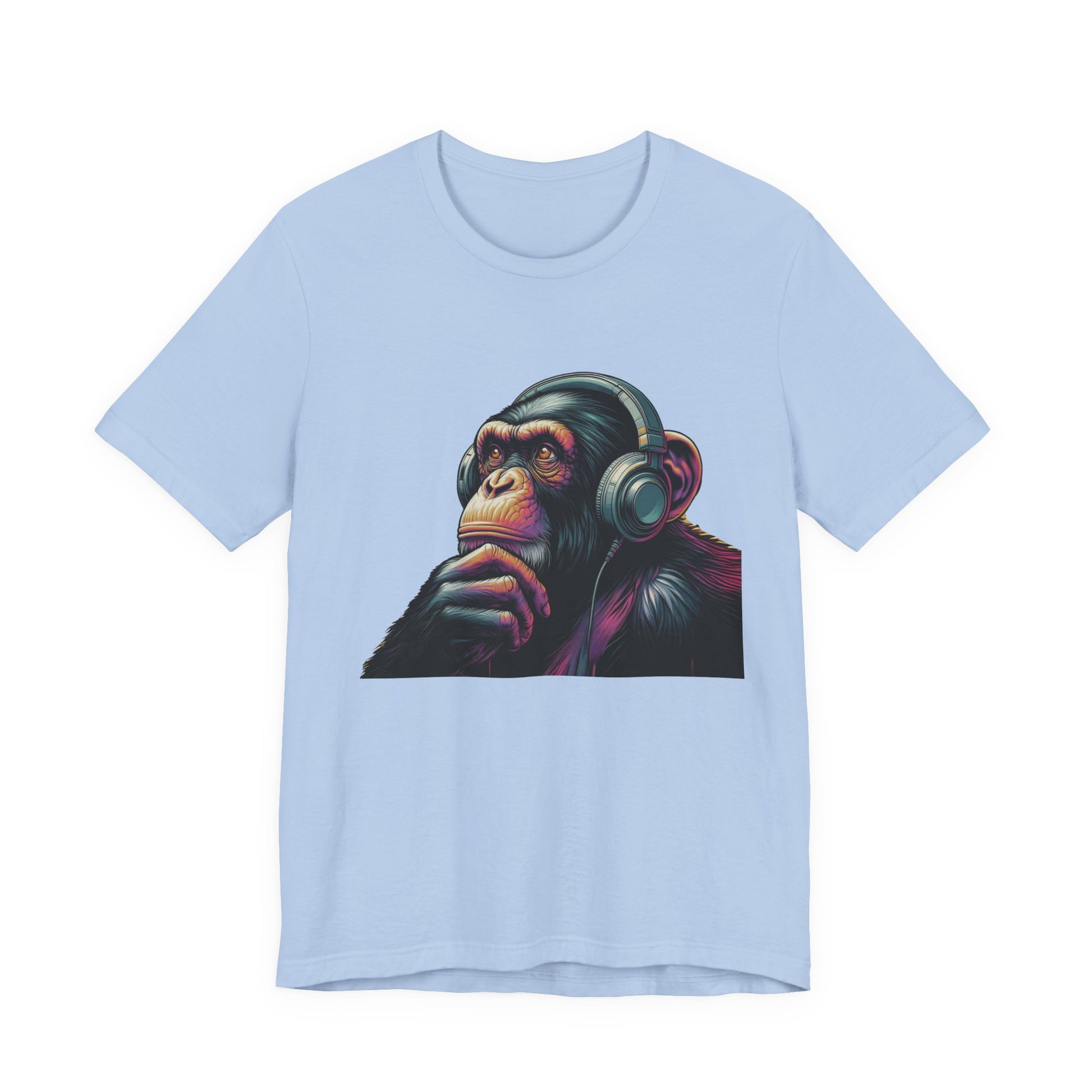 Colorful chimpanzee wearing headphones graphic tee, perfect for music lovers - PopCultureByDesign36