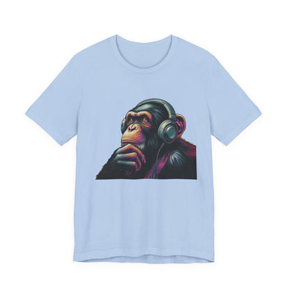 Colorful chimpanzee wearing headphones graphic tee, perfect for music lovers - PopCultureByDesign36