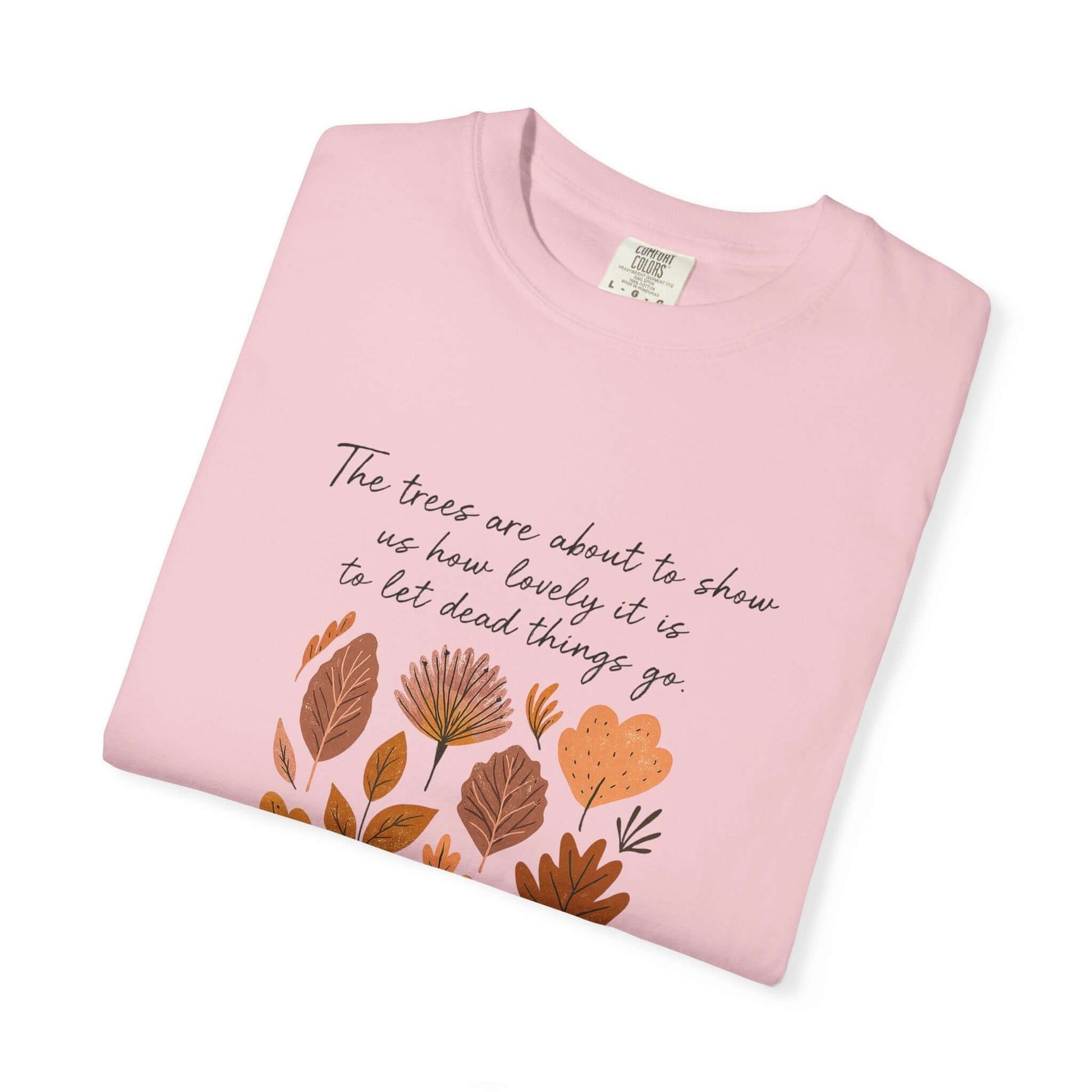 Boho Poem Fall Leaves T-shirt, Fall Shirt, Unisex Fall Top displayed on a pink t-shirt with autumn leaf design.