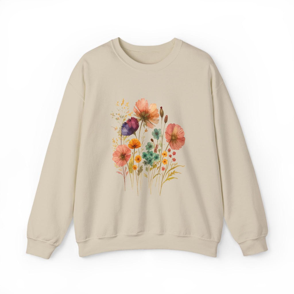 Vintage Boho Pressed Watercolor Wildflower Sweatshirt — Rustic Floral Cottagecore Pullover by PopCultureByDesign36