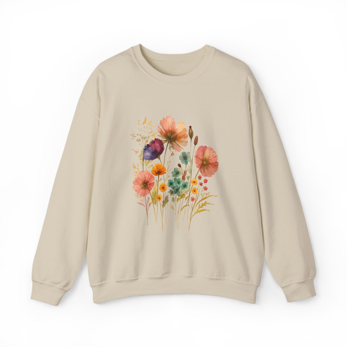 Vintage Boho Pressed Watercolor Wildflower Sweatshirt — Rustic Floral Cottagecore Pullover