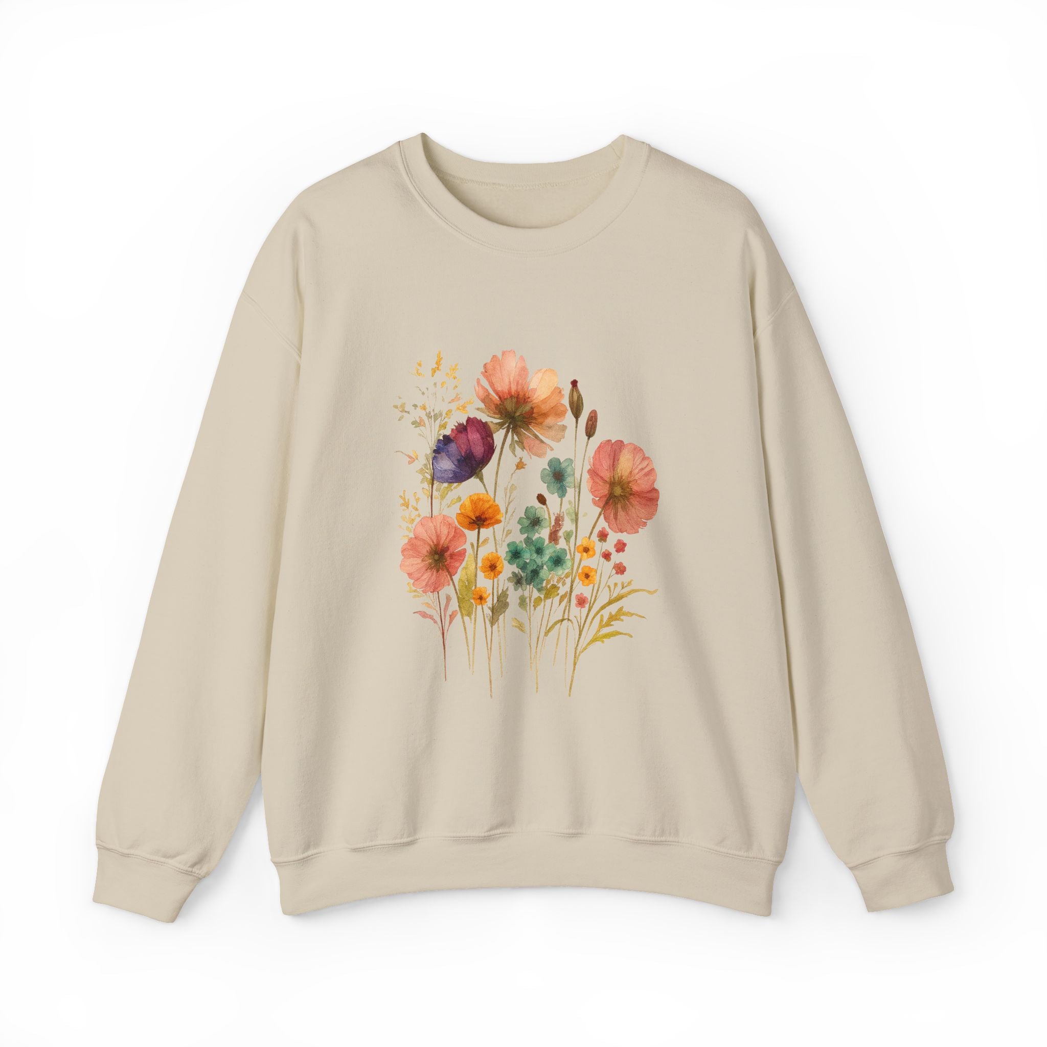 Vintage Boho Pressed Watercolor Wildflower Sweatshirt — Rustic Floral Cottagecore Pullover by PopCultureByDesign36