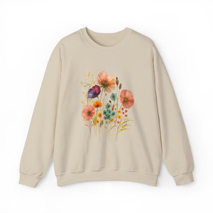 Vintage Boho Pressed Watercolor Wildflower Sweatshirt — Rustic Floral Cottagecore Pullover