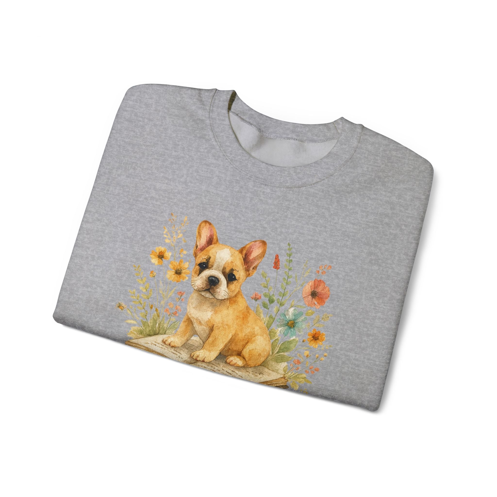 Vintage Boho French Bulldog Puppy Reading Sweatshirt by PopCultureByDesign36