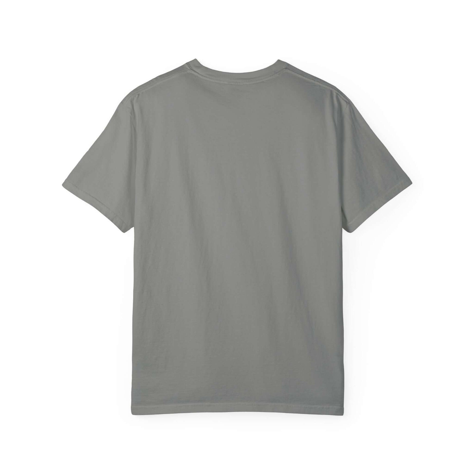 Back view of a gray t-shirt, showcasing the simple design and comfortable fit.