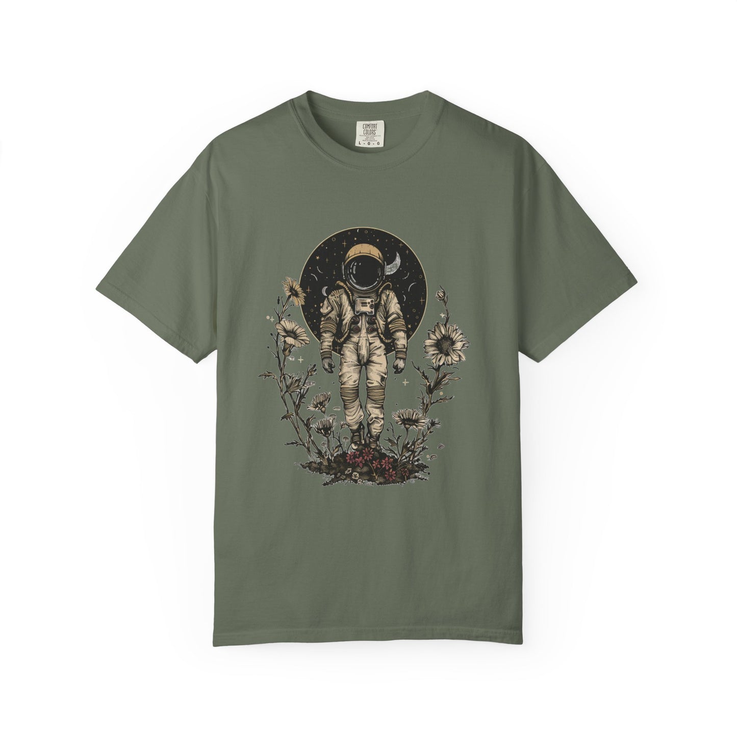 Astronaut Shirt, Boho Astronaut Shirt, Vintage Boho Womens Space Shirt design with flowers and a celestial background.