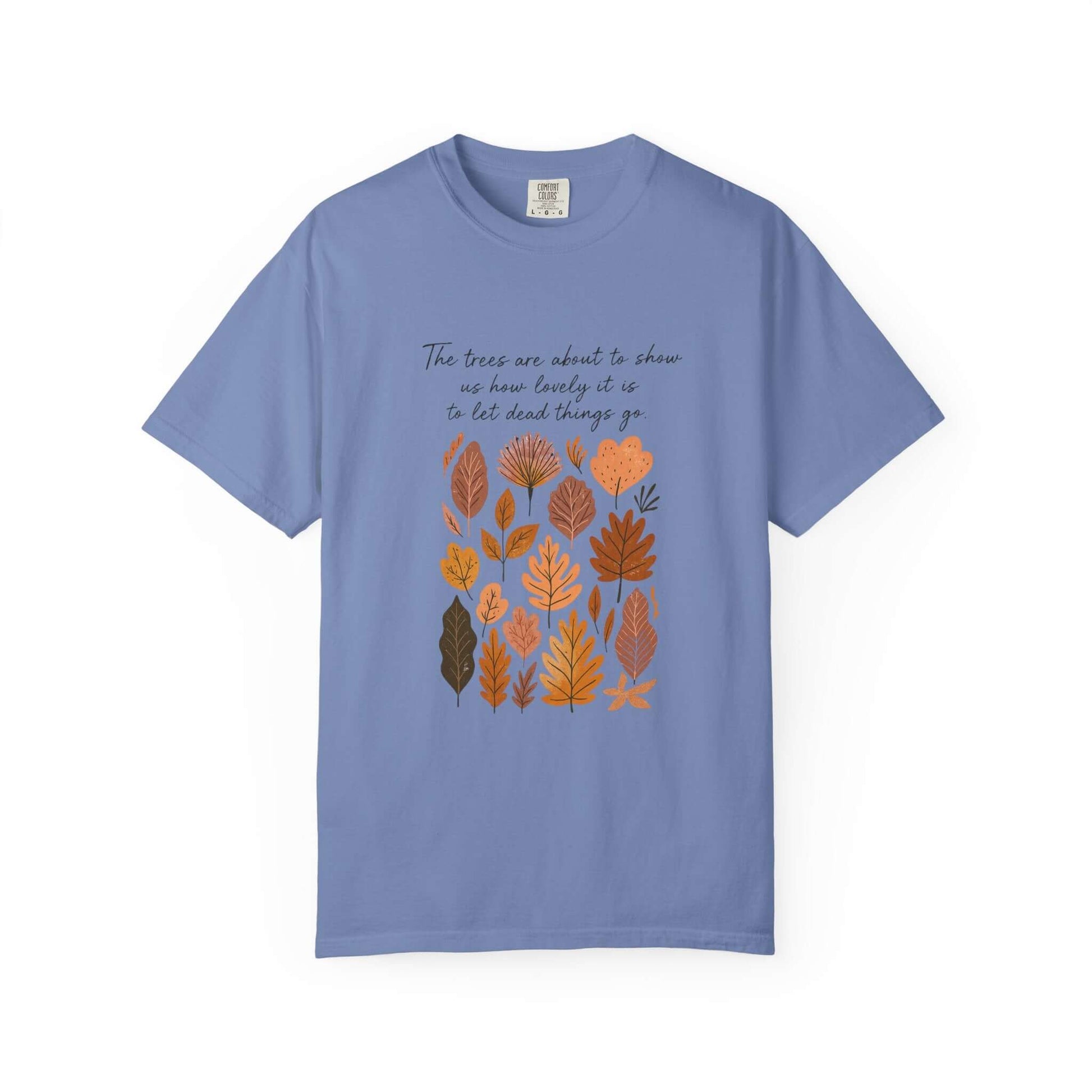 Boho Poem Fall Leaves T-shirt, Fall Shirt, Unisex Fall Top featuring autumn leaves design and cozy blue color.