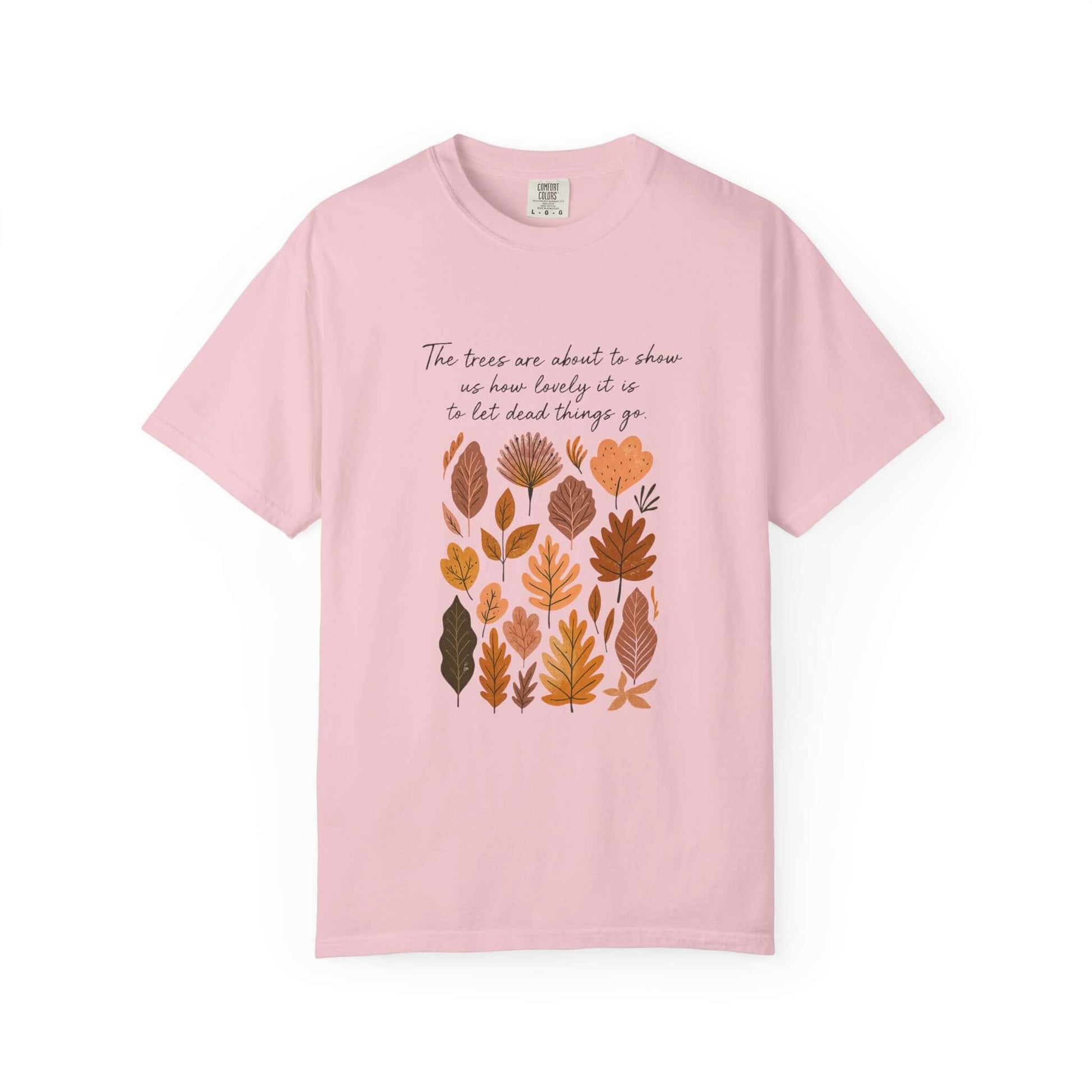 Boho Poem Fall Leaves T-shirt, Fall Shirt, Unisex Fall Top with colorful leaf design on pink fabric.