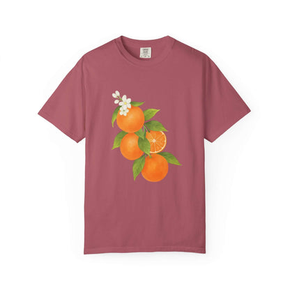 Vintage Orange Shirt, Art Graphic Fruit Shirt featuring vibrant orange fruits and floral design.