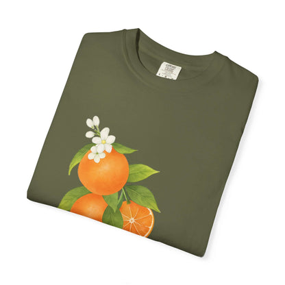 Vintage Orange Shirt, Art Graphic Fruit Shirt with floral design and orange illustrations on olive green background.