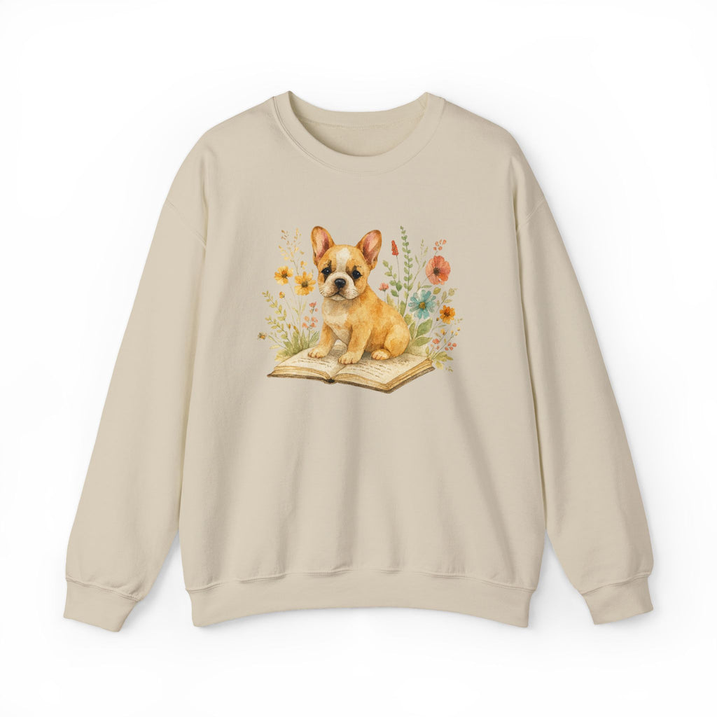 Vintage Boho French Bulldog Puppy Reading Sweatshirt by PopCultureByDesign36