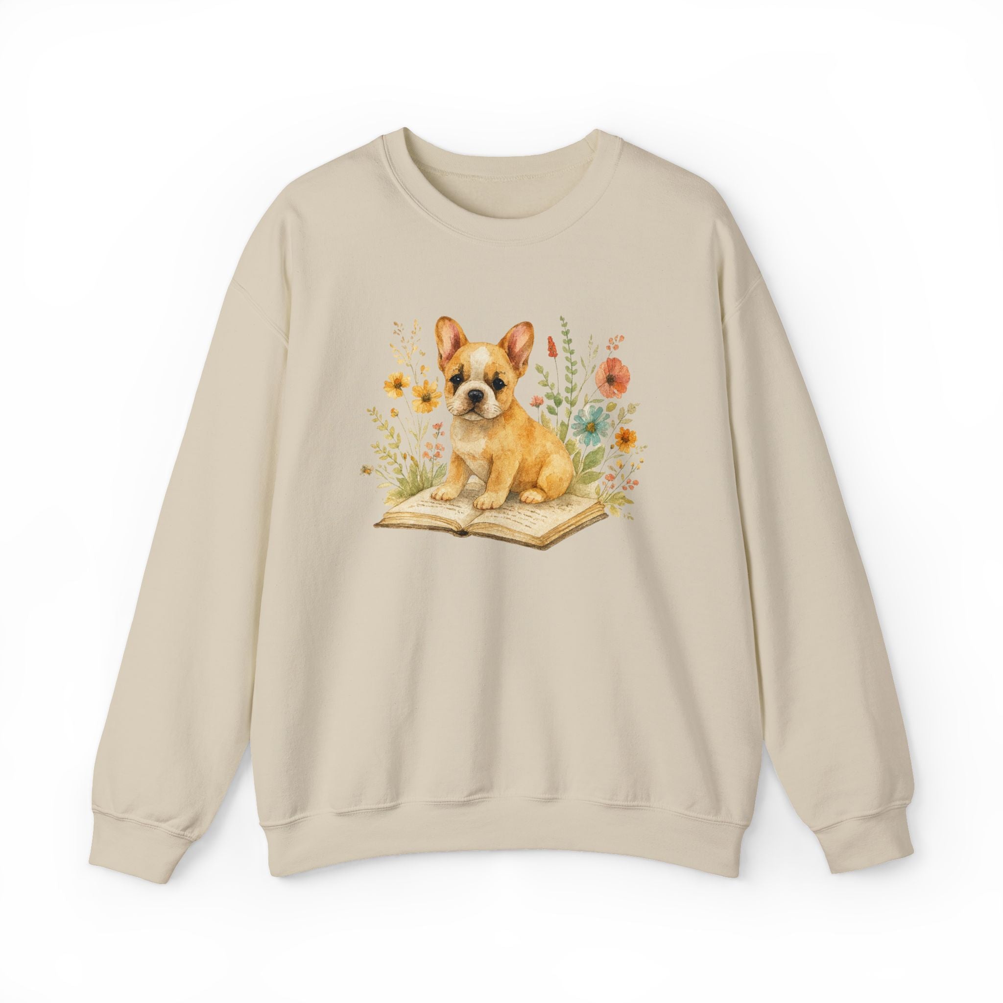 Vintage Boho French Bulldog Puppy Reading Sweatshirt by PopCultureByDesign36