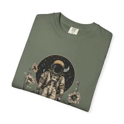 Astronaut Shirt, Boho Astronaut Shirt, Vintage Boho Womens Space Shirt design with flowers on a green t-shirt.
