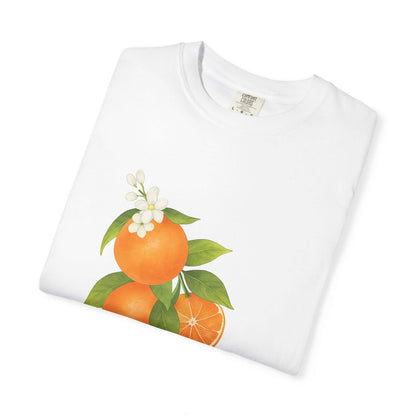 Vintage Orange Shirt, Art Graphic Fruit Shirt featuring vibrant orange fruit design on a white background.