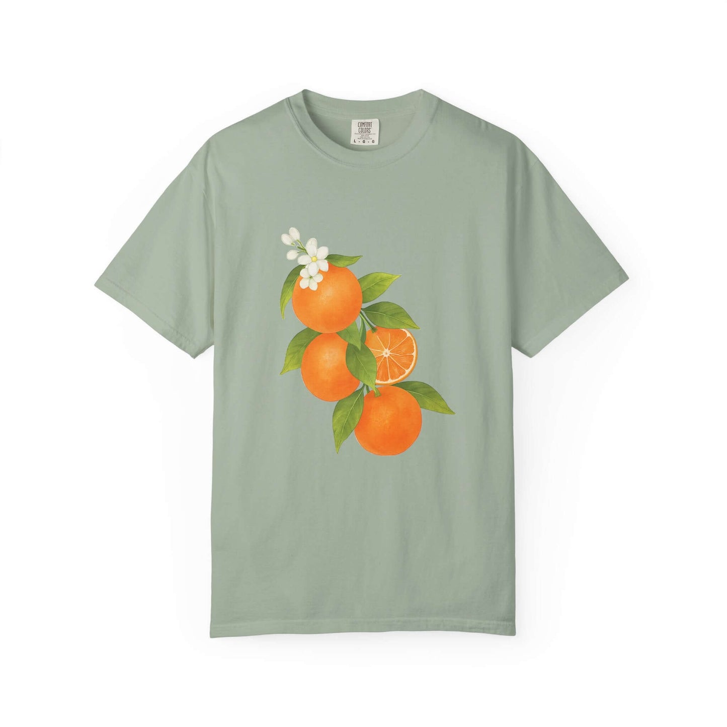 Vintage Orange Shirt, Art Graphic Fruit Shirt featuring orange fruit design on a pastel green background.