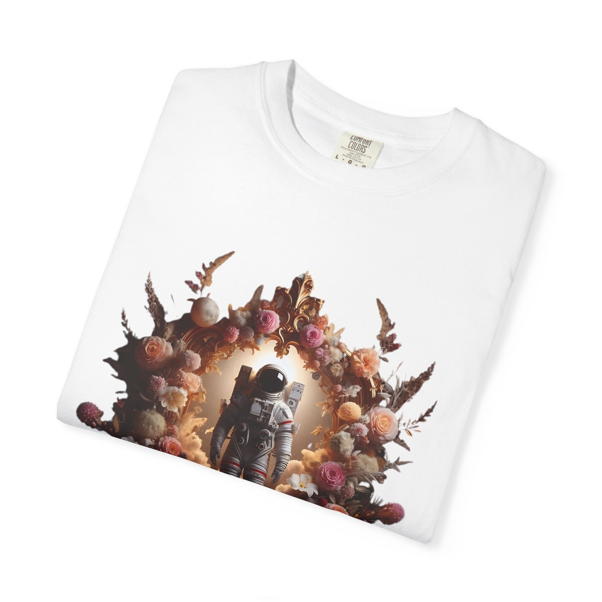 boho astronaut t-shirt featuring a vibrant floral design around an astronaut in a vintage boho style.