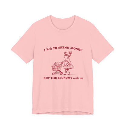 Retro Funny Woman T-Shirt, Hipster Shirt, Sarcasm Top with humorous shopping graphic on a pink tee.