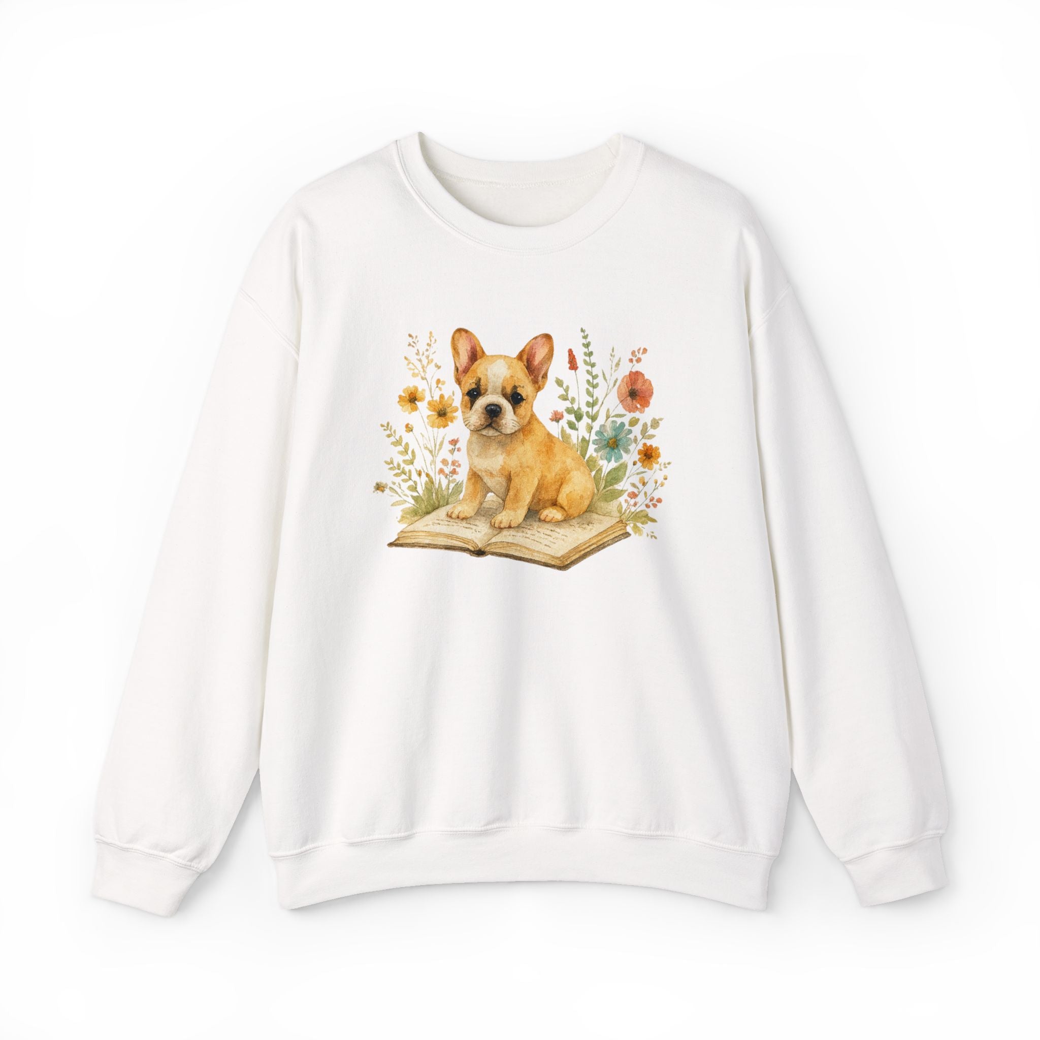Vintage Boho French Bulldog Puppy Reading Sweatshirt by PopCultureByDesign36