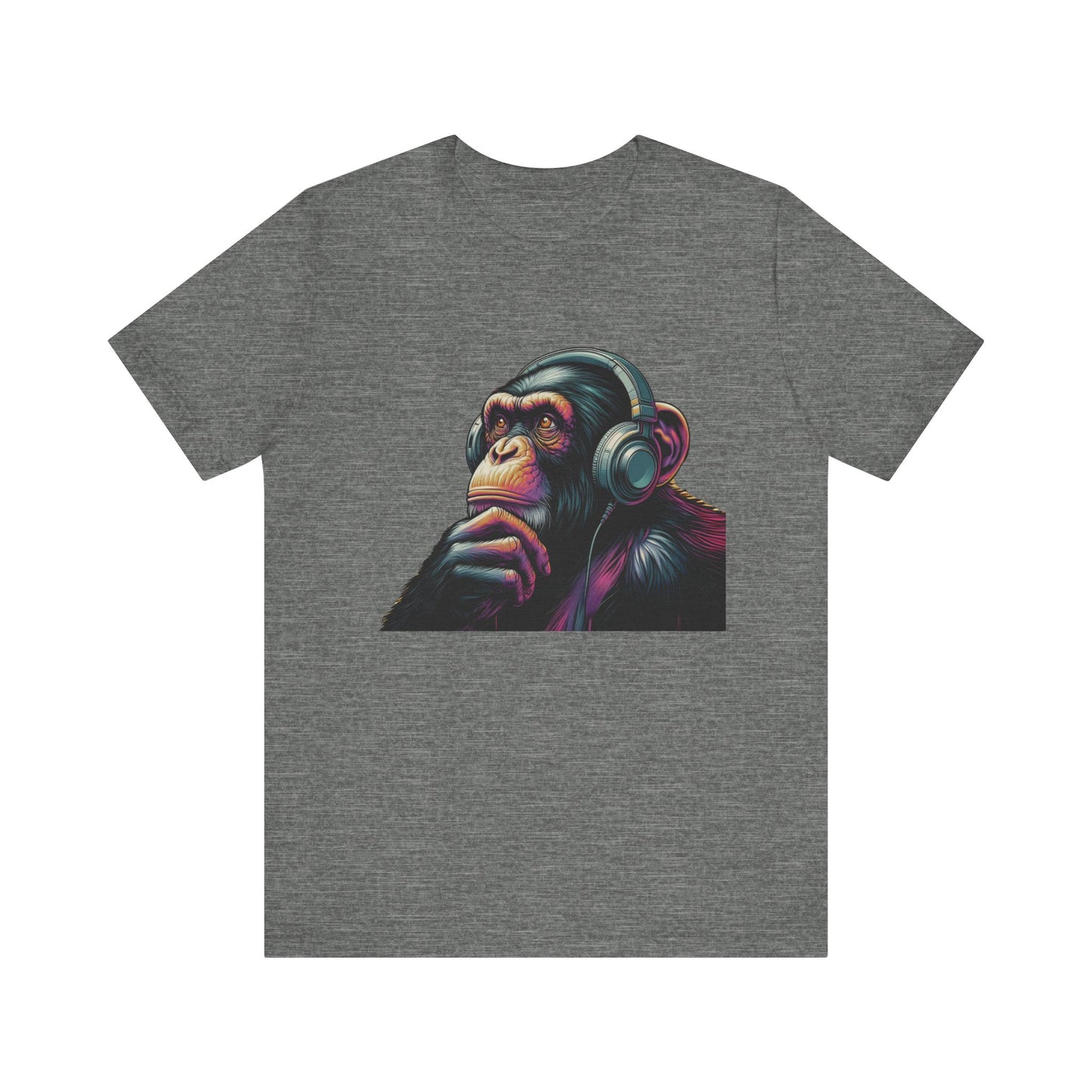 Colorful chimpanzee wearing headphones graphic tee, perfect for music lovers - PopCultureByDesign36