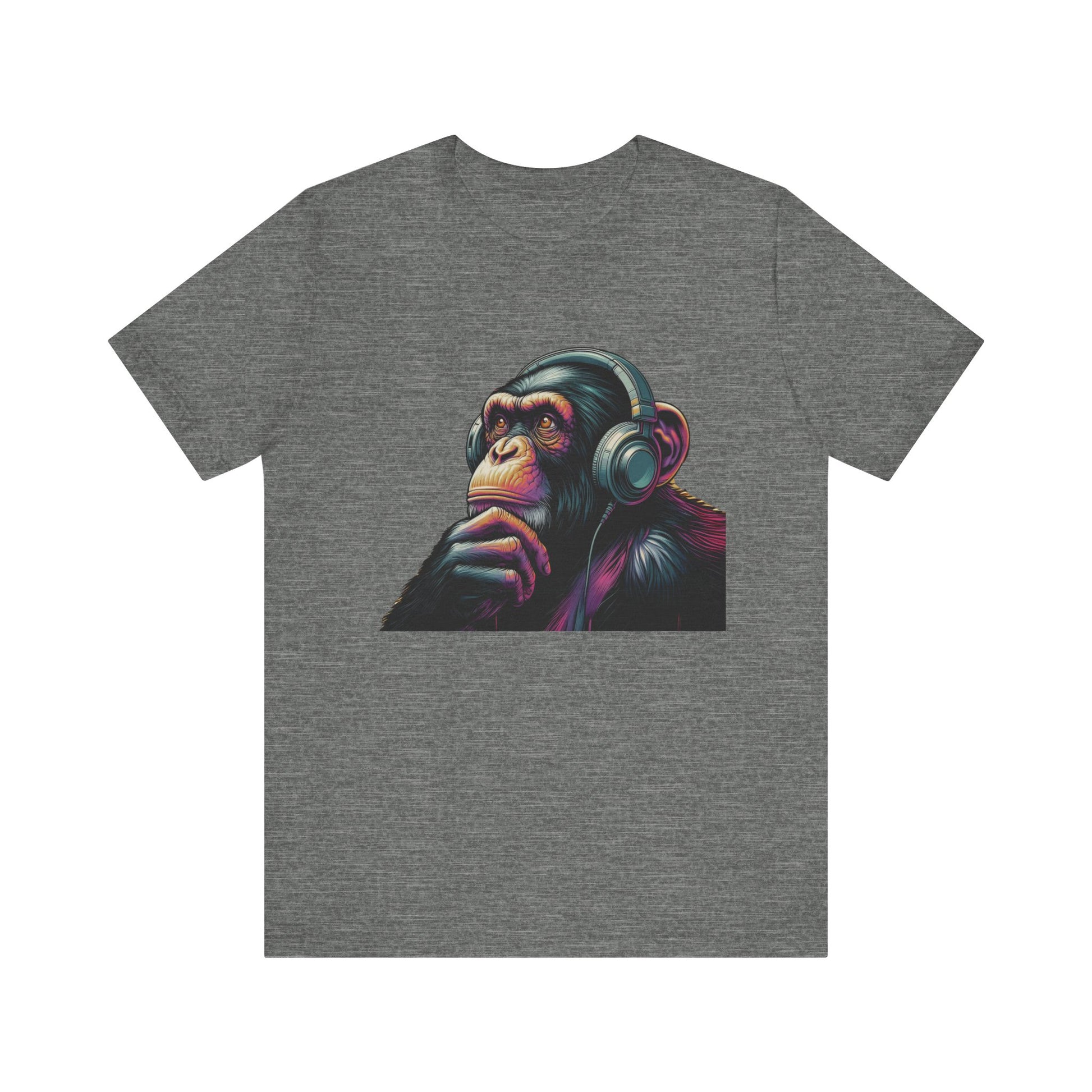 Colorful chimpanzee wearing headphones graphic tee, perfect for music lovers - PopCultureByDesign36