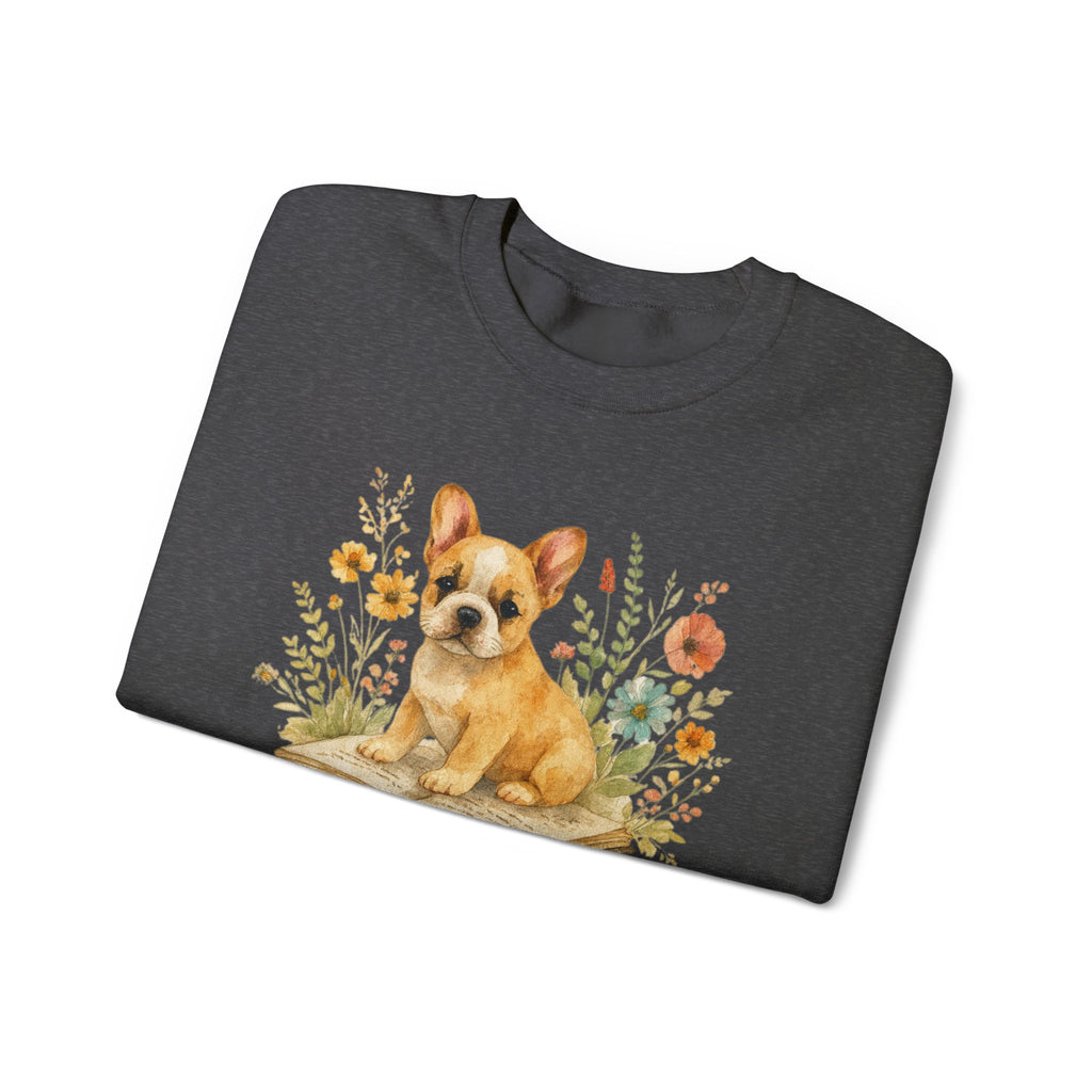 Vintage Boho French Bulldog Puppy Reading Sweatshirt by PopCultureByDesign36