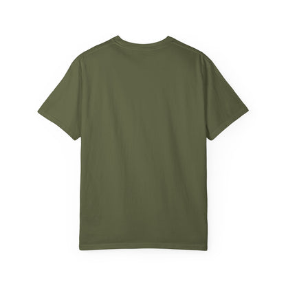 Back view of a vintage boho astronaut t-shirt in olive green, perfect for space lovers and festival goers.