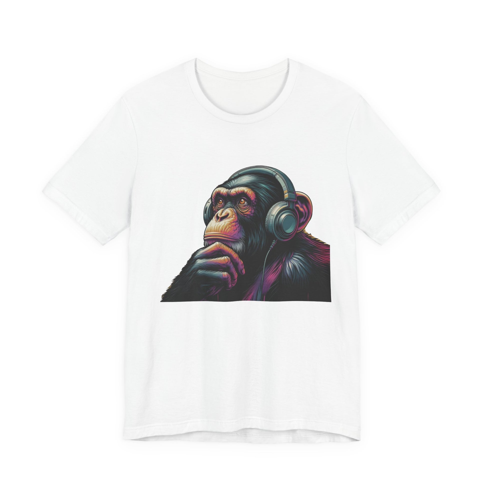 Colorful chimpanzee wearing headphones graphic tee, perfect for music lovers - PopCultureByDesign36
