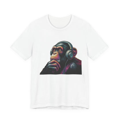 Colorful chimpanzee wearing headphones graphic tee, perfect for music lovers - PopCultureByDesign36