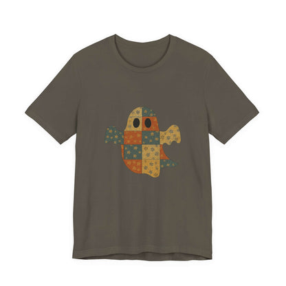 Patchwork Ghost Tee, Ghost Patchwork Halloween Shirt, Boho Ghost Shirt - PopCultureByDesign36