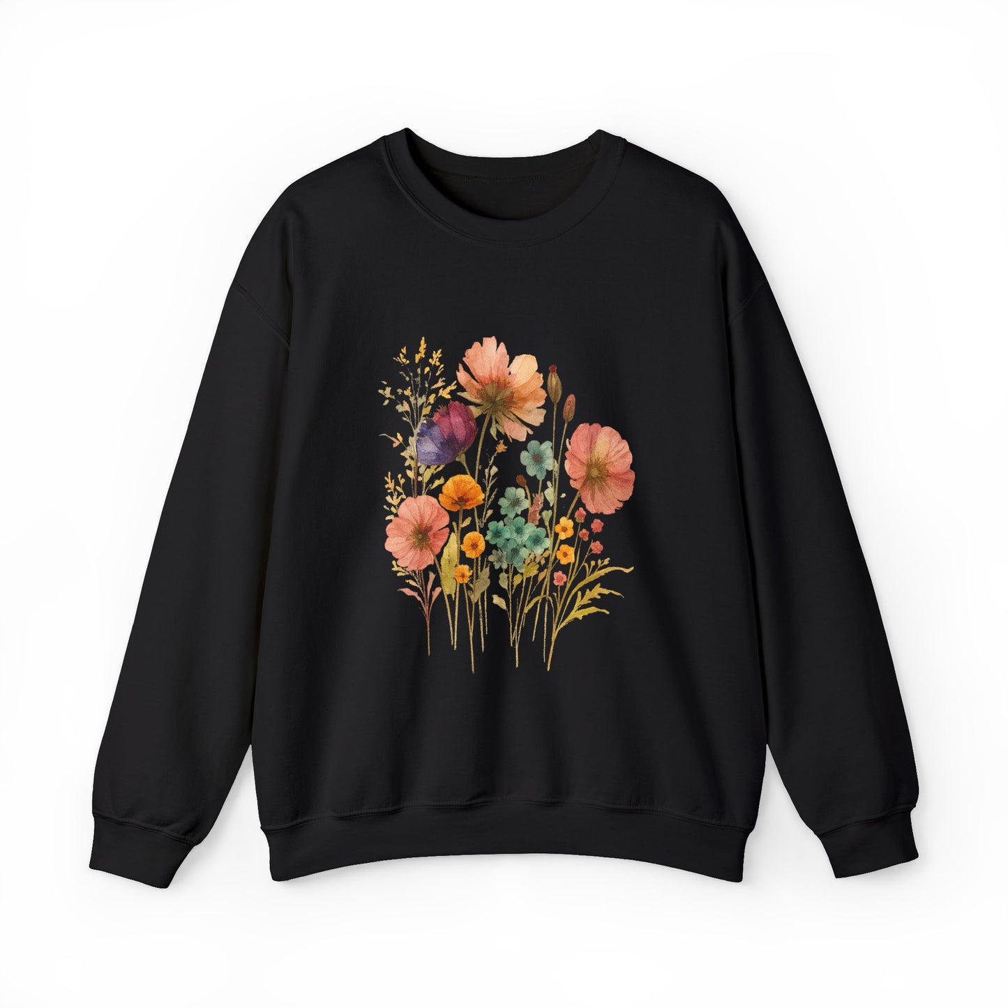 Vintage Boho Pressed Watercolor Wildflower Sweatshirt — Rustic Floral Cottagecore Pullover