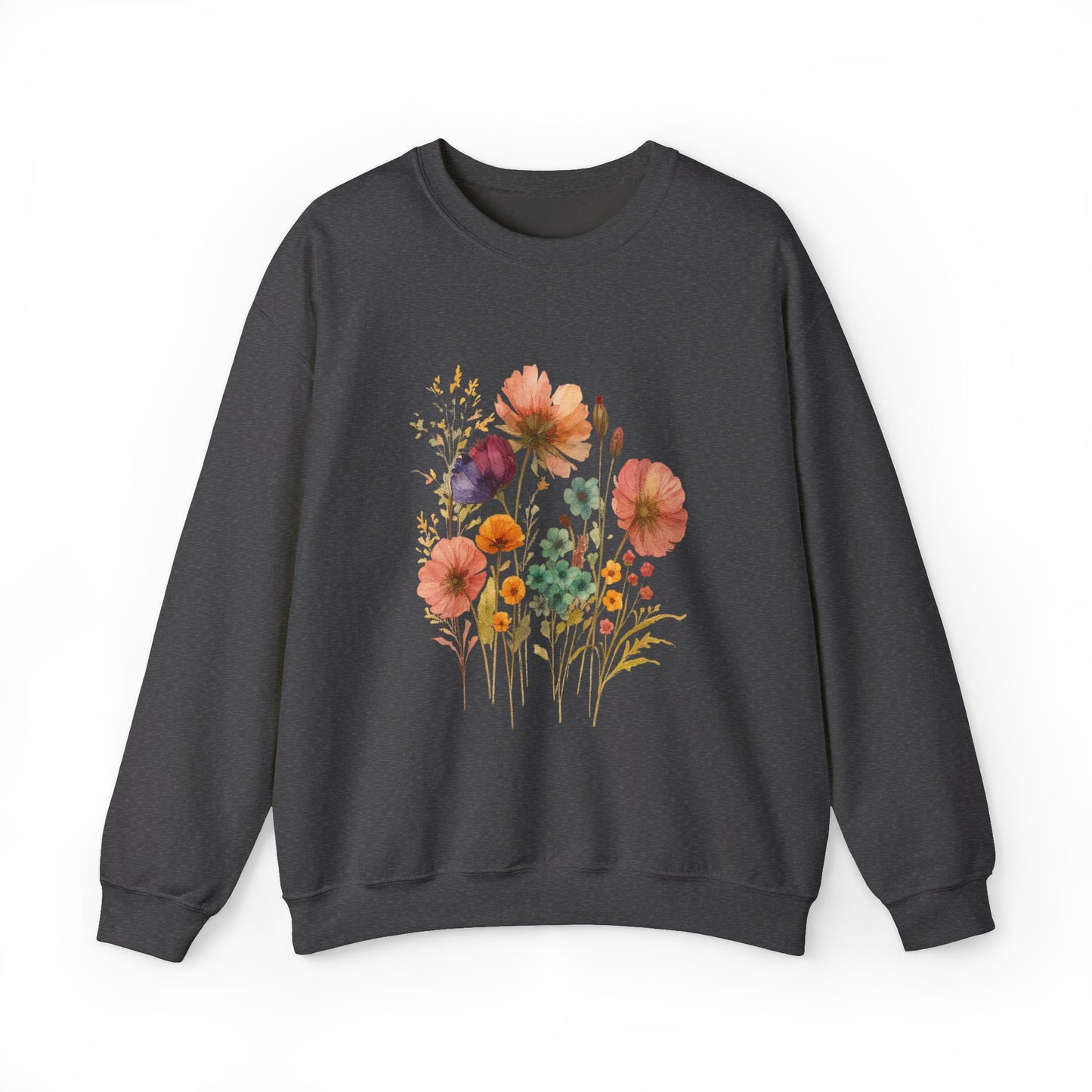 Vintage Boho Pressed Watercolor Wildflower Sweatshirt — Rustic Floral Cottagecore Pullover