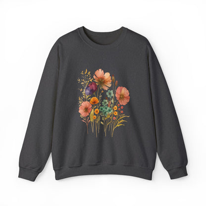 Vintage Boho Pressed Watercolor Wildflower Sweatshirt — Rustic Floral Cottagecore Pullover