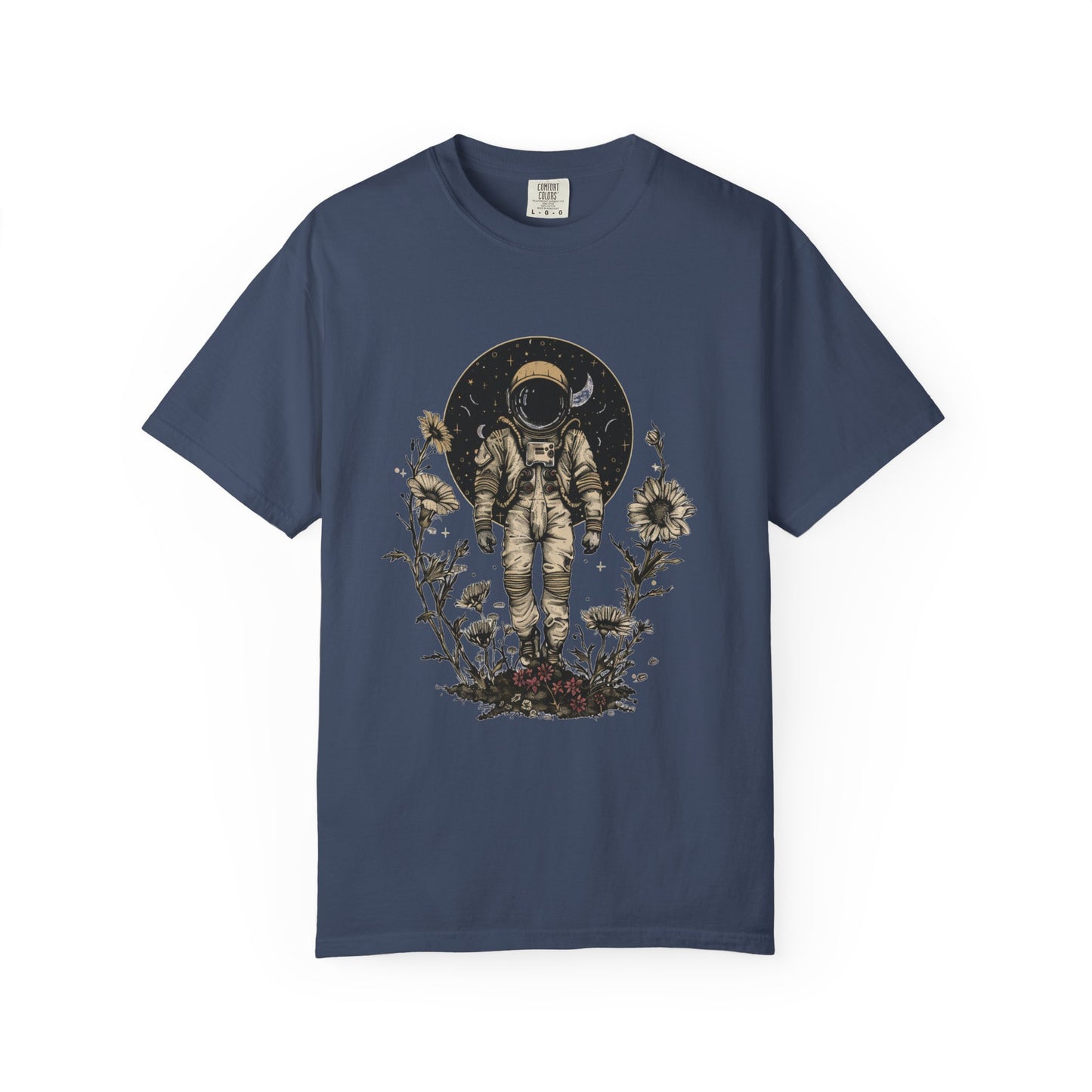 Astronaut Shirt, Boho Astronaut Shirt, Vintage Boho Womens Space Shirt with floral design on navy background.