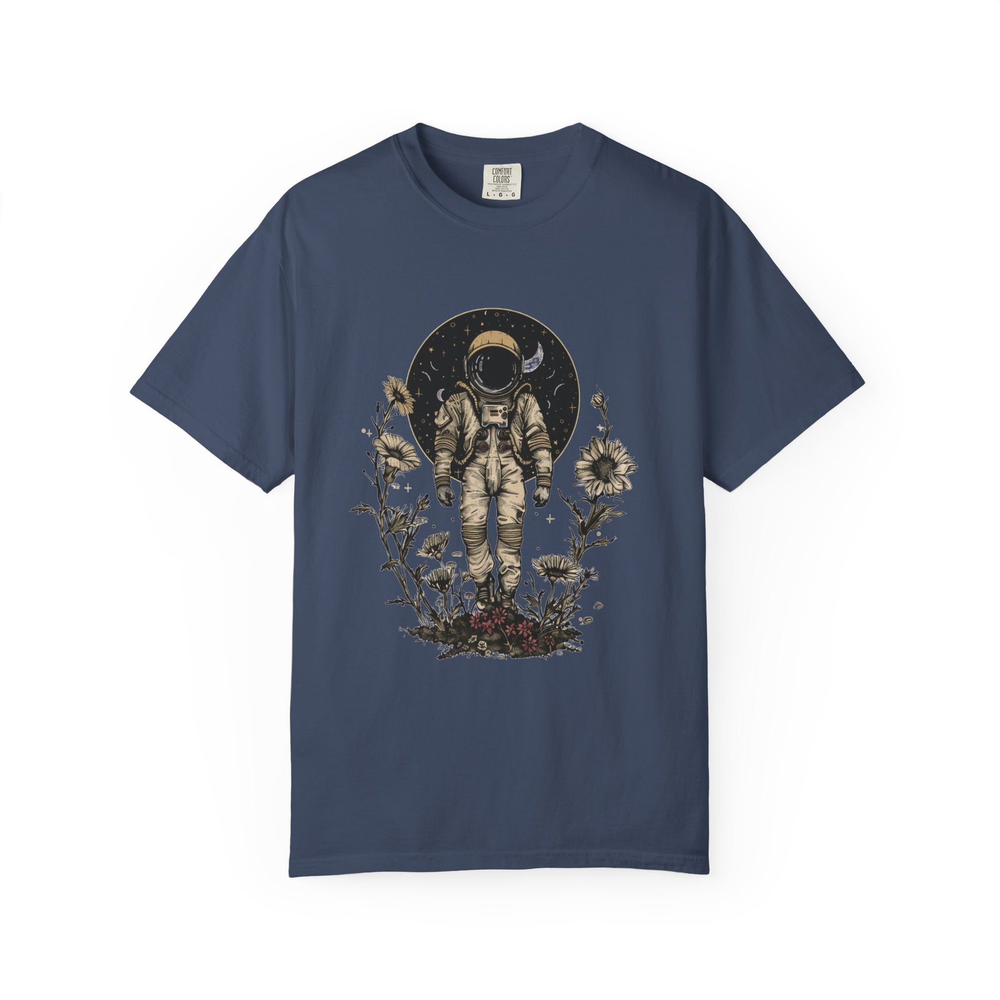 Astronaut Shirt, Boho Astronaut Shirt, Vintage Boho Womens Space Shirt with floral design on navy background.