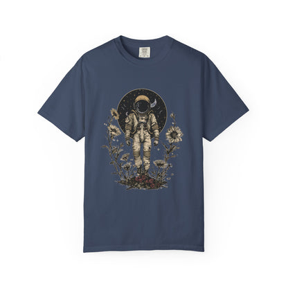 Astronaut Shirt, Boho Astronaut Shirt, Vintage Boho Womens Space Shirt with floral design on navy background.