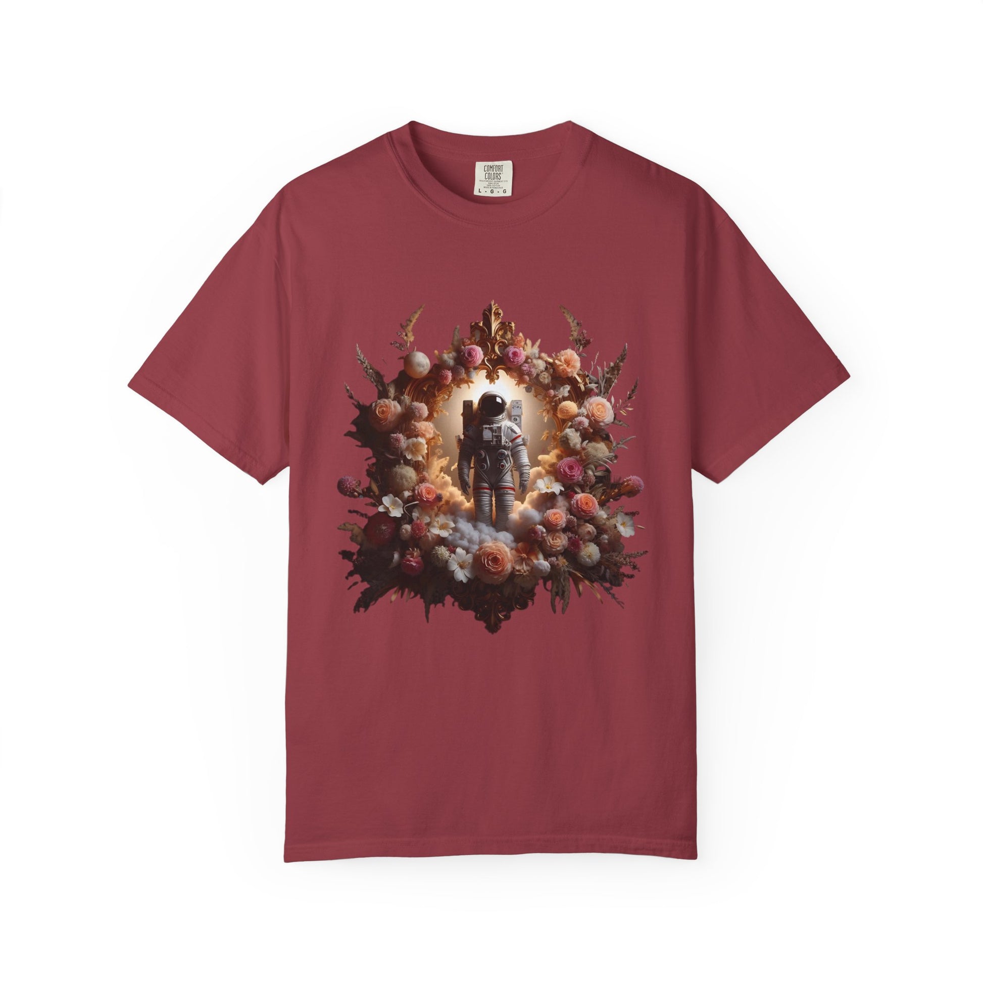 boho astronaut t-shirt featuring a vintage space design surrounded by flowers on a burgundy background.