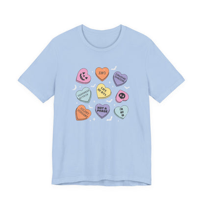 Emo Halloween Pumpkin Candy Hearts T-Shirt, Spooky Candies Shirt, Emo candy hearts - PopCultureByDesign36