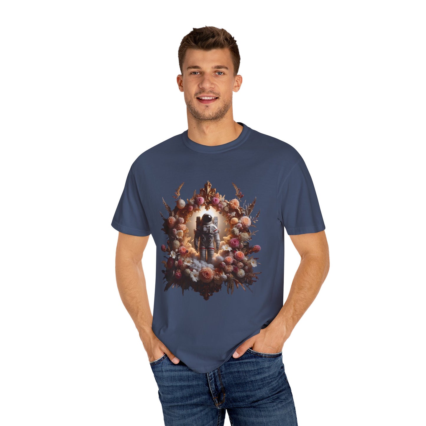 Astronaut Shirt, Boho Astronaut Shirt, Vintage Boho Womens Space Shirt worn by a man with floral design.