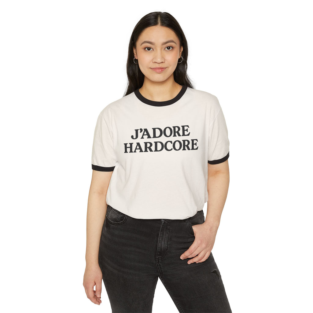 J'Adore Hardcore Ringer T-Shirt — Bold French-Inspired Statement Tee by PopCultureByDesign36
