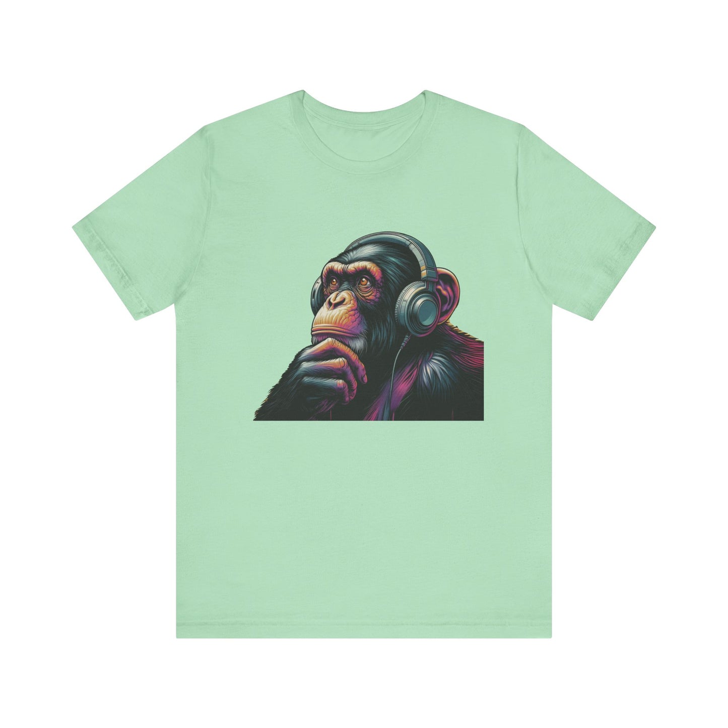 Colorful chimpanzee wearing headphones graphic tee, perfect for music lovers - PopCultureByDesign36
