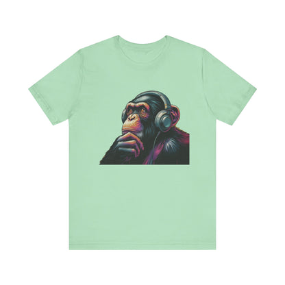 Colorful chimpanzee wearing headphones graphic tee, perfect for music lovers - PopCultureByDesign36