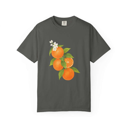 Vintage Orange Shirt, Art Graphic Fruit Shirt featuring vibrant orange design with leaves and flowers.