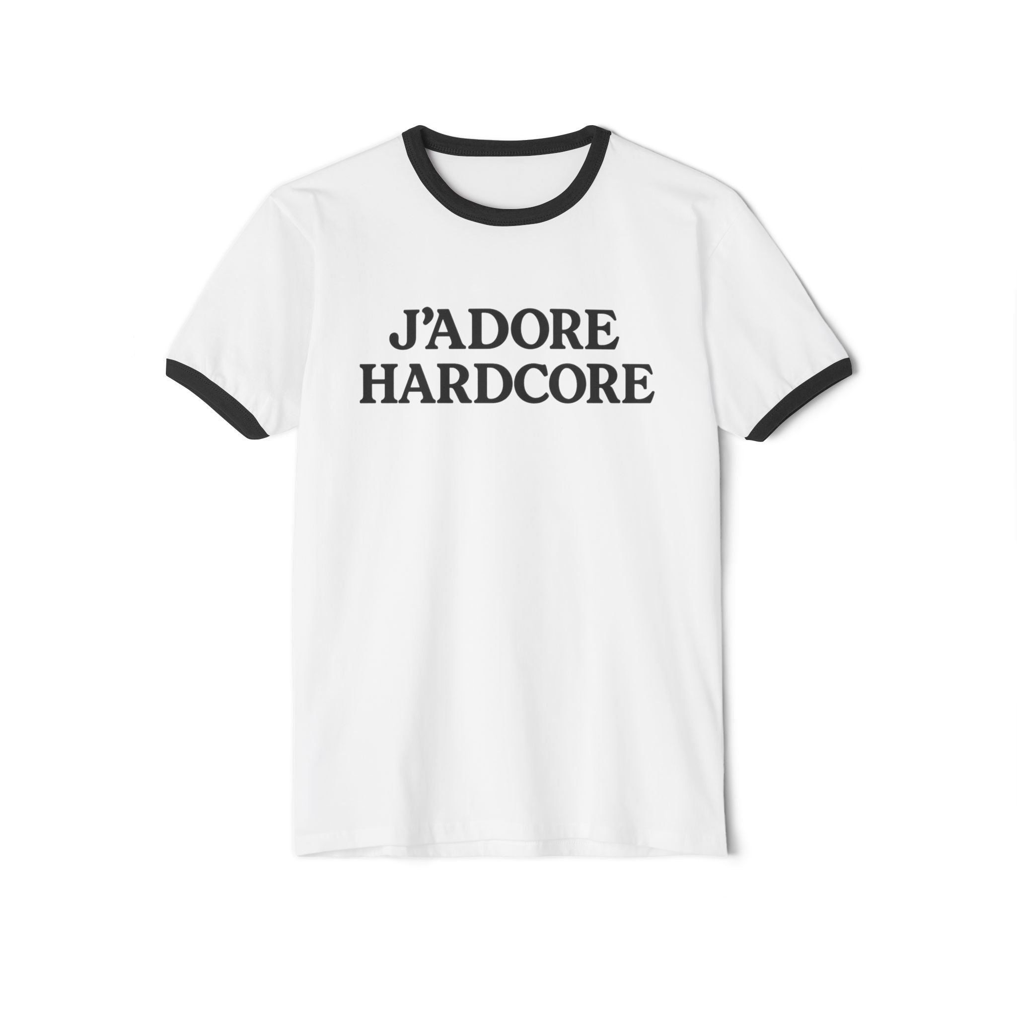 J'Adore Hardcore Ringer T-Shirt — Bold French-Inspired Statement Tee by PopCultureByDesign36