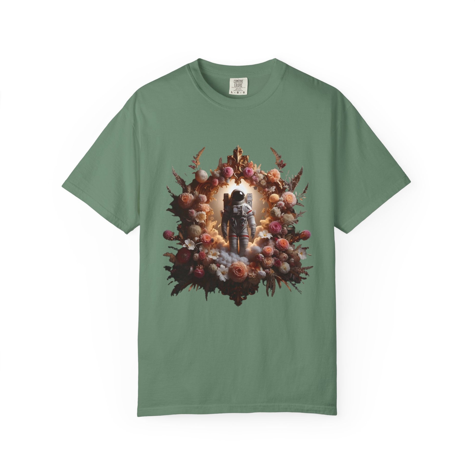 boho astronaut t-shirt featuring a vintage astronaut surrounded by flowers and celestial elements.
