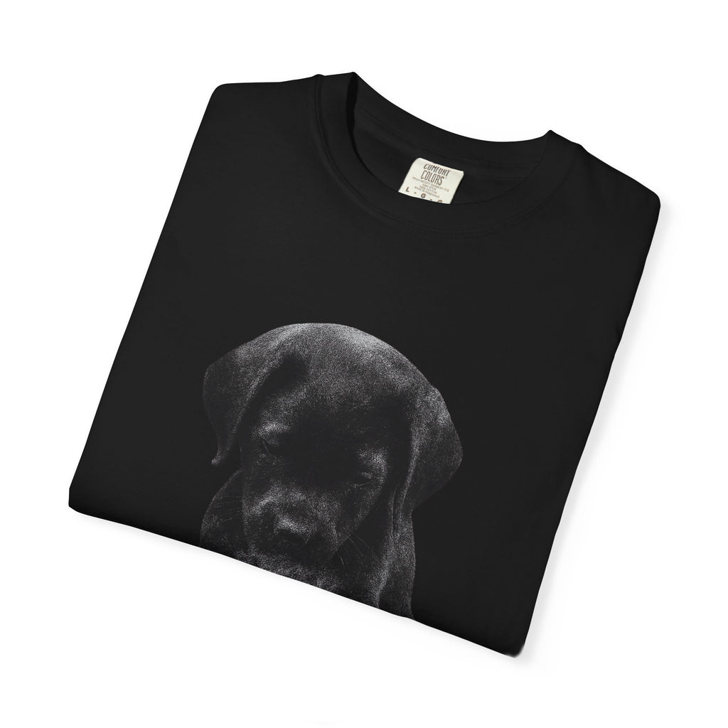 Sad Black Lab Puppy Meme T-Shirt — Cute Sad Black Labrador Graphic Tee by PopCultureByDesign36