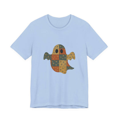 Patchwork Ghost Tee, Ghost Patchwork Halloween Shirt, Boho Ghost Shirt - PopCultureByDesign36