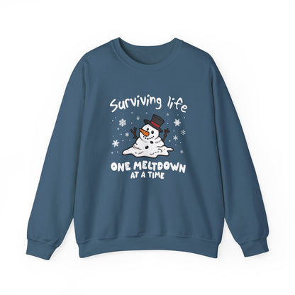Snowman Christmas Sweatshirt, Survive One Meltdown at a Time, Holiday Winter Jumper, Funny Xmas Pullover, Cozy Festive Top, Unisex Winter