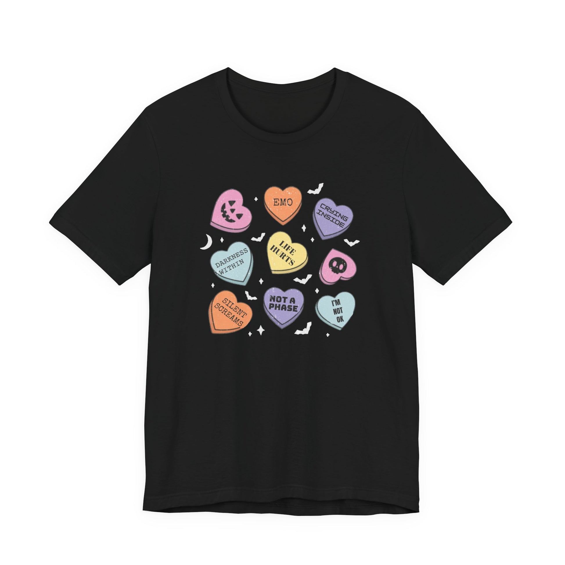 Emo Halloween Pumpkin Candy Hearts T-Shirt, Spooky Candies Shirt, Emo candy hearts - PopCultureByDesign36